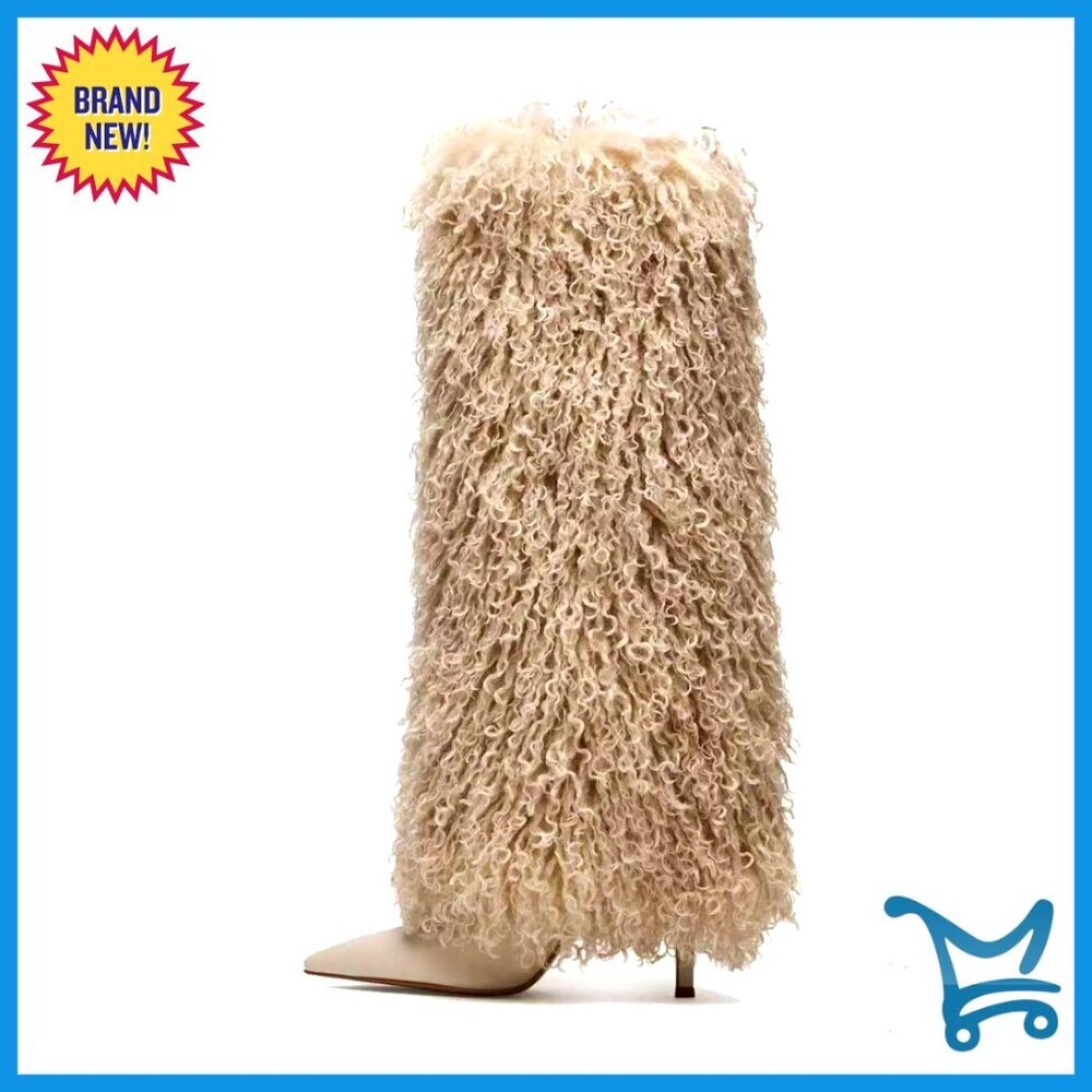 Faux Fur Knee High Boots Pointed Toe Stiletto Heel Wide Calf Fold Over